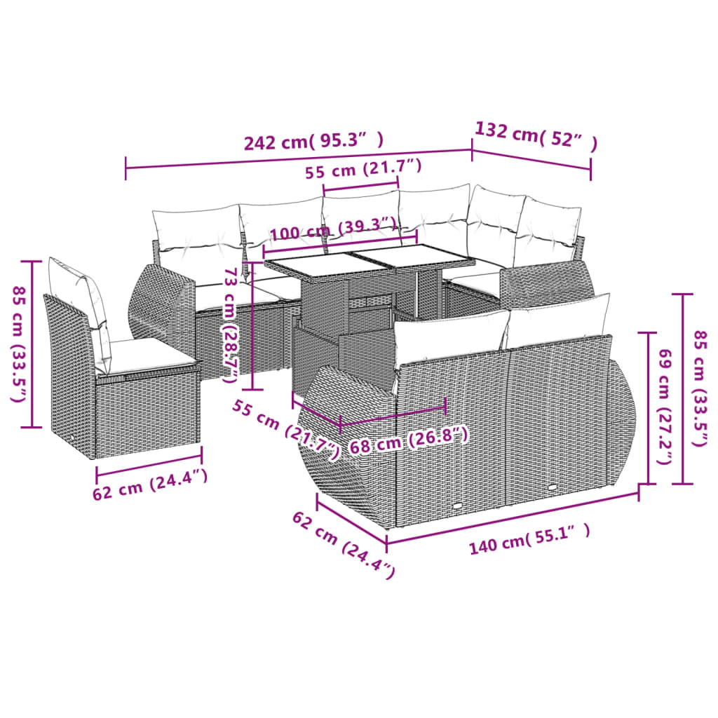 Set Divano da Giardino 9 pz con Cuscini Beige in Polyrattan