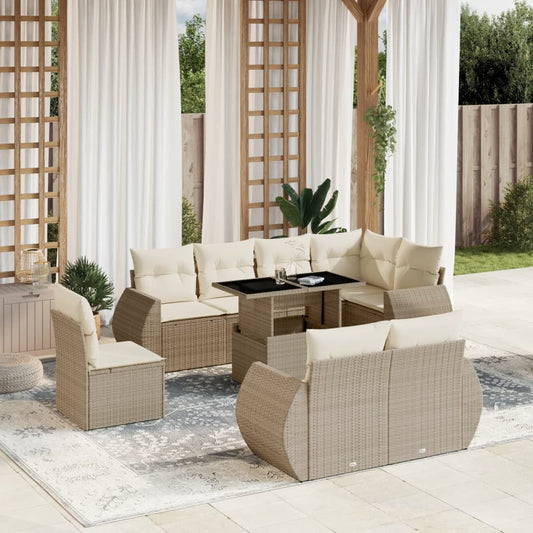 Set Divano da Giardino 9 pz con Cuscini Beige in Polyrattan