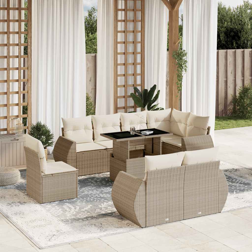 Set Divano da Giardino 9 pz con Cuscini Beige in Polyrattan - homemem39