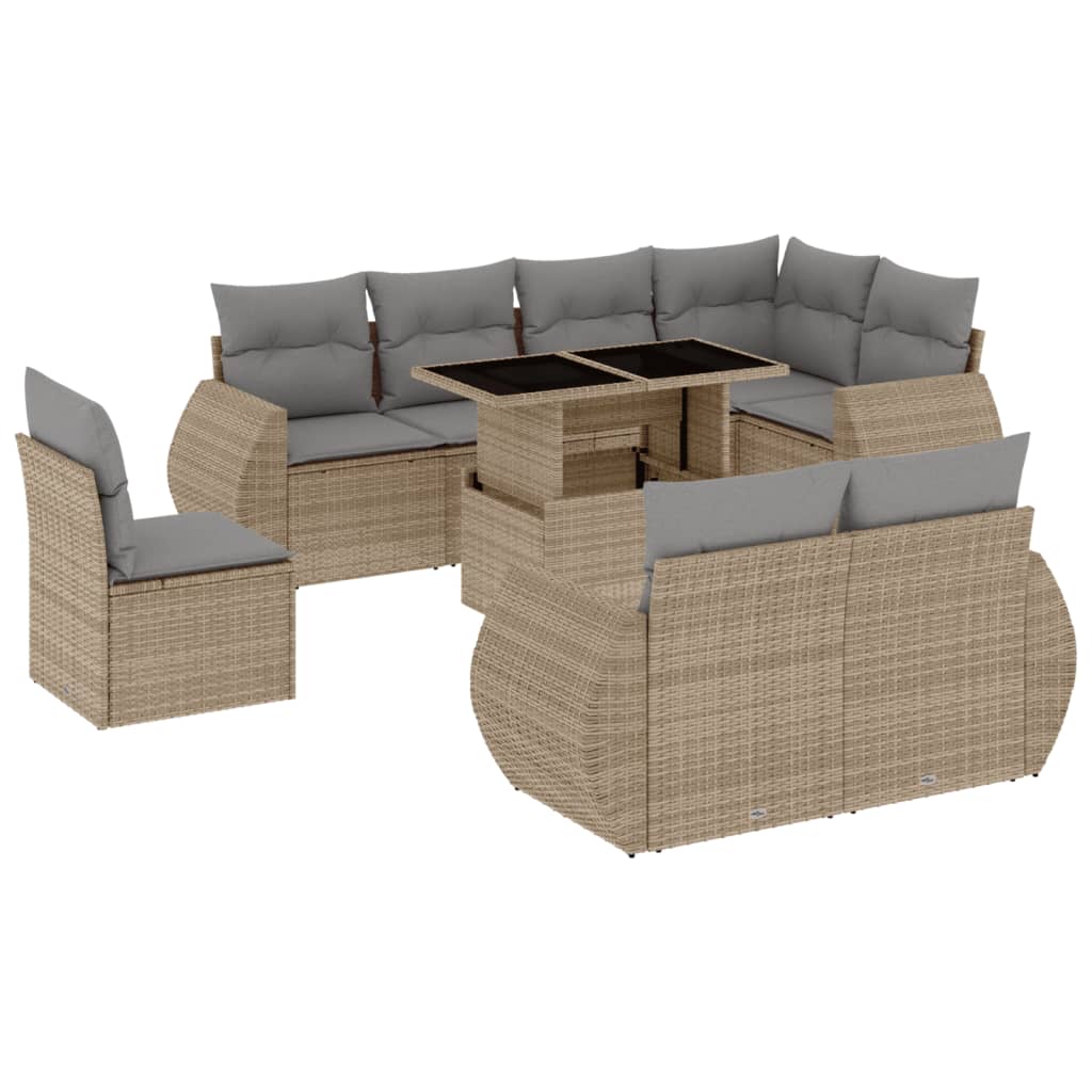 Set Divano da Giardino 9 pz con Cuscini Beige in Polyrattan - homemem39