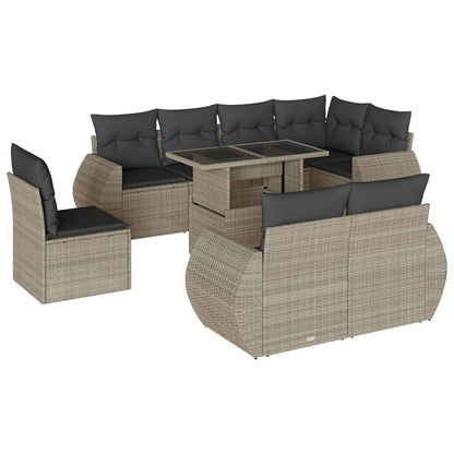 Set Divano da Giardino 9pz con Cuscini Grigio Chiaro Polyrattan