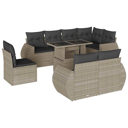 Set Divano da Giardino 9pz con Cuscini grigio chiaro Polyrattan