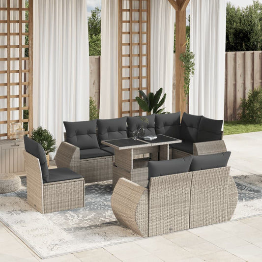 Set Divano da Giardino 9pz con Cuscini Grigio Chiaro Polyrattan