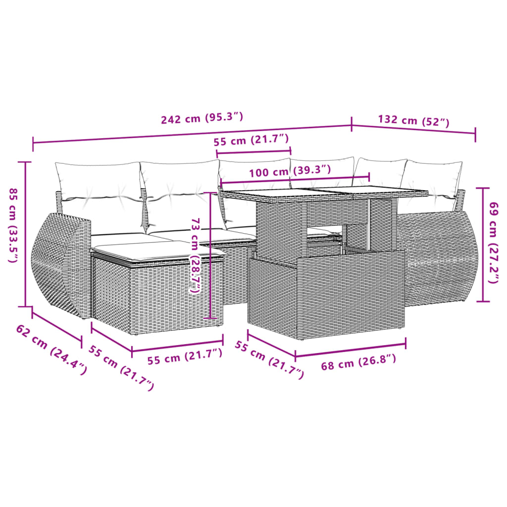 Set Divani da Giardino 7 pz con Cuscini Beige in Polyrattan