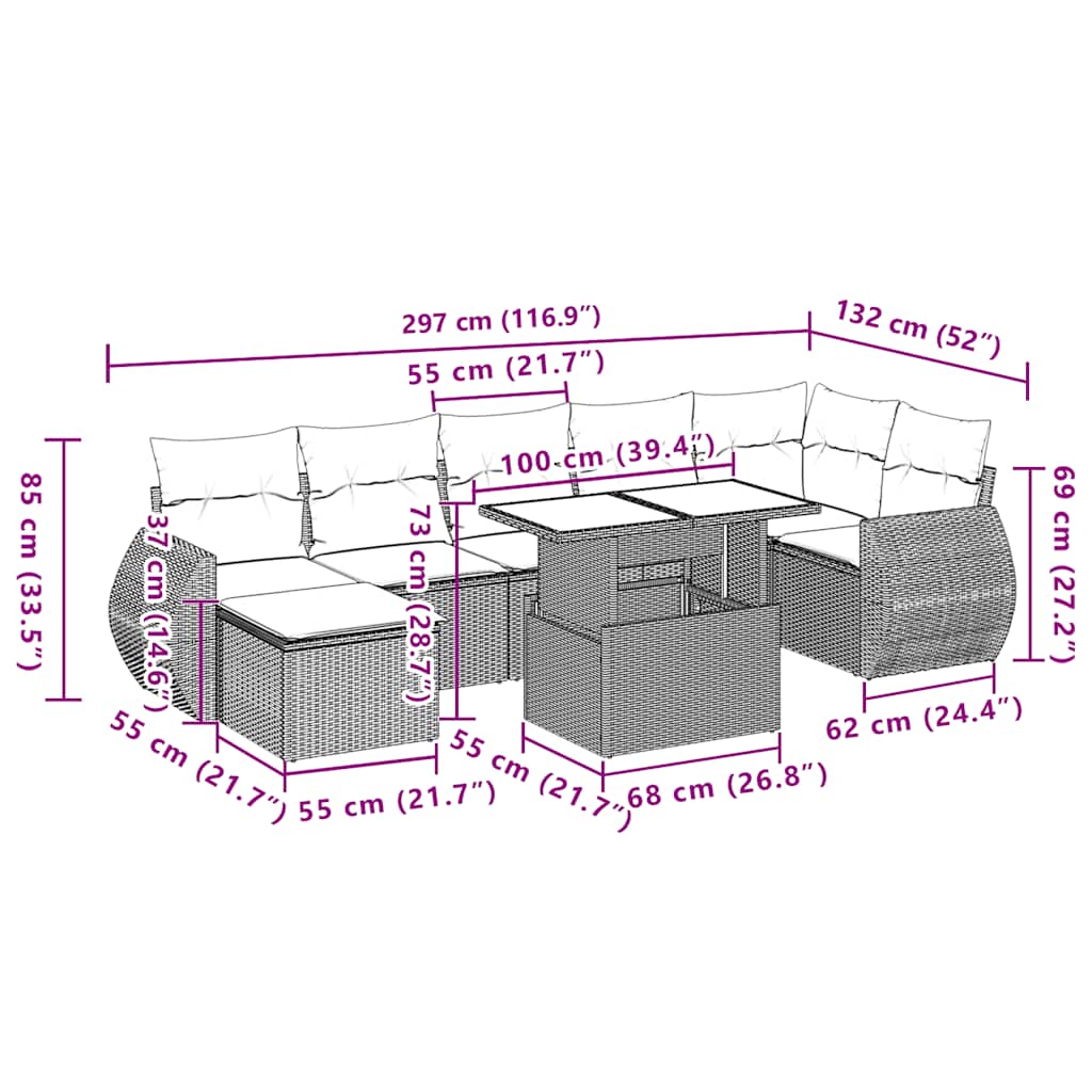 Set Divano da Giardino 8 pz con Cuscini Beige in Polyrattan - homemem39