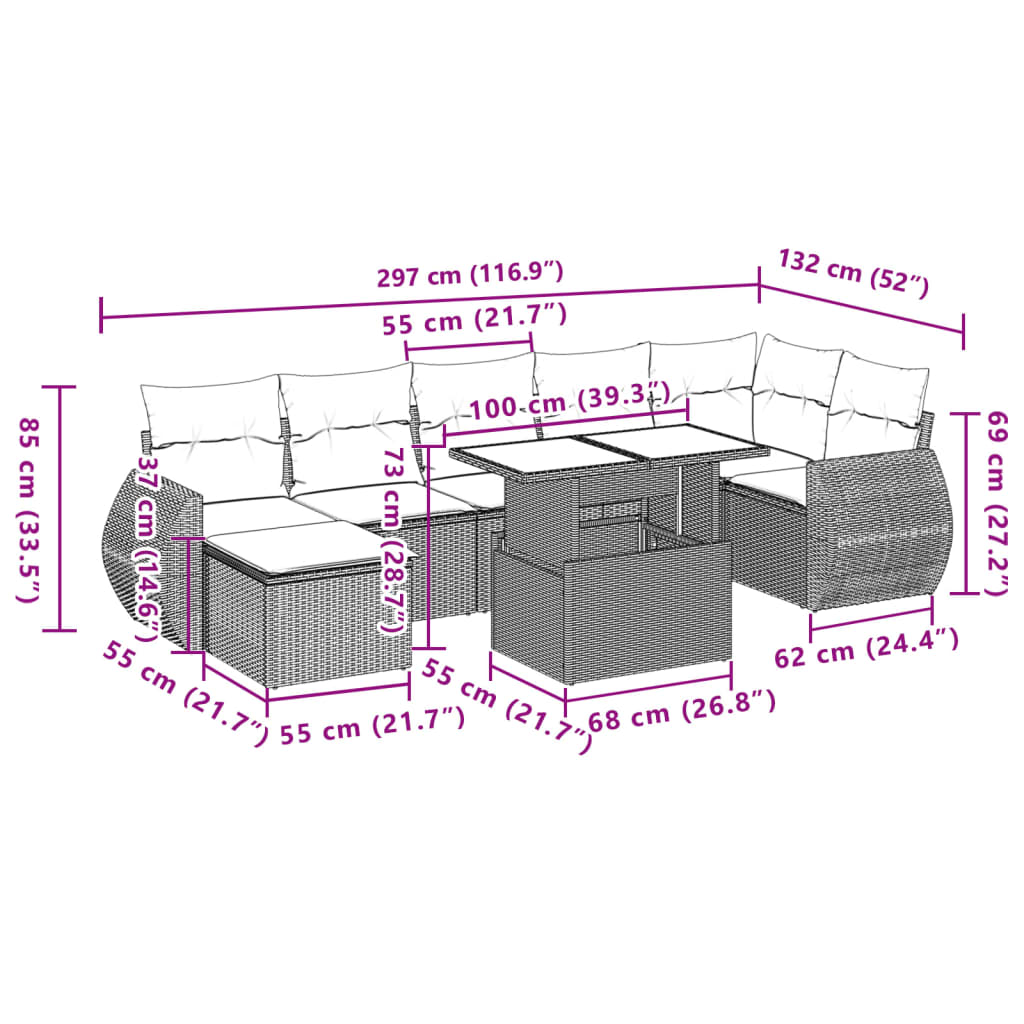 Set Divano da Giardino 8pz con Cuscini Grigio Chiaro Polyrattan