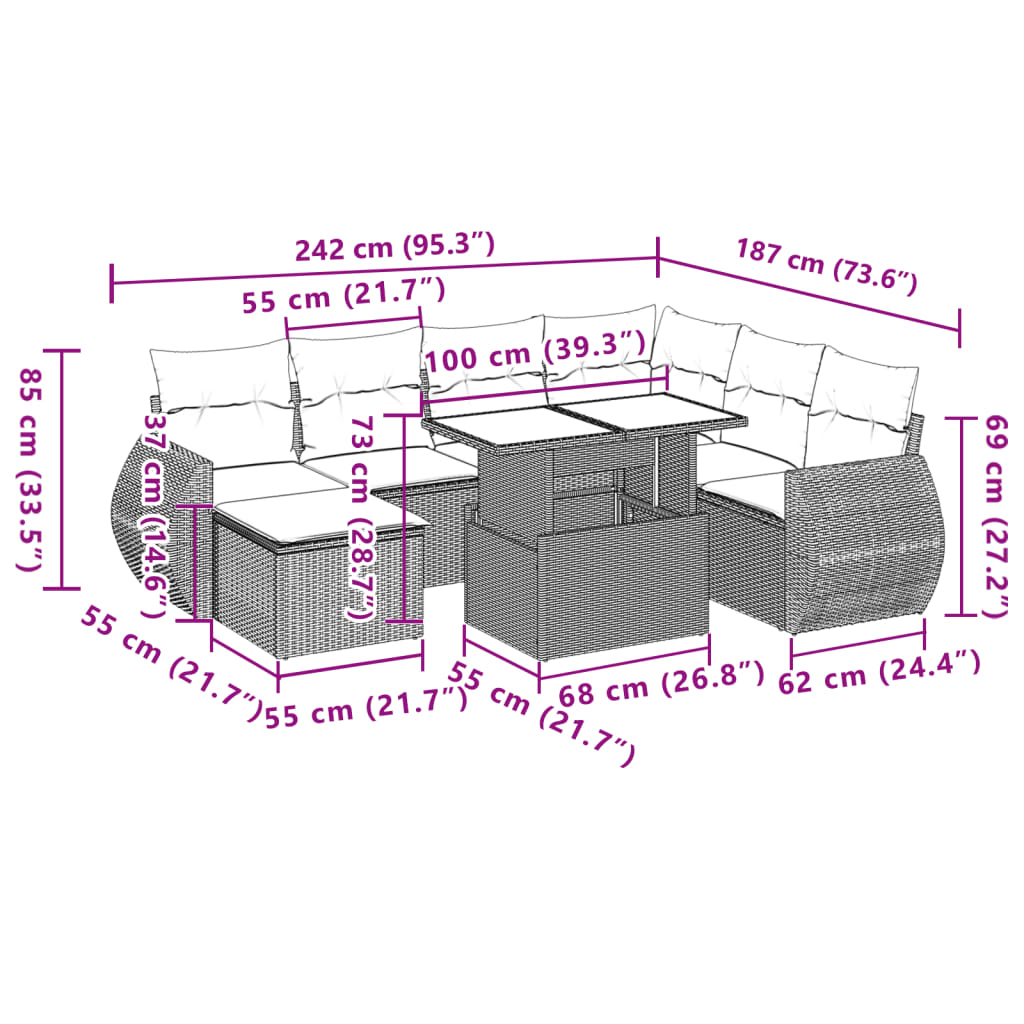 Set Divano da Giardino 8 pz con Cuscini Grigio in Polyrattan