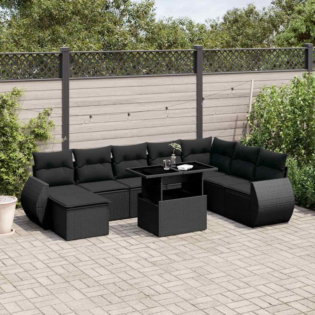 Set Divani da Giardino 9 pz con Cuscini Nero in Polyrattan - homemem39