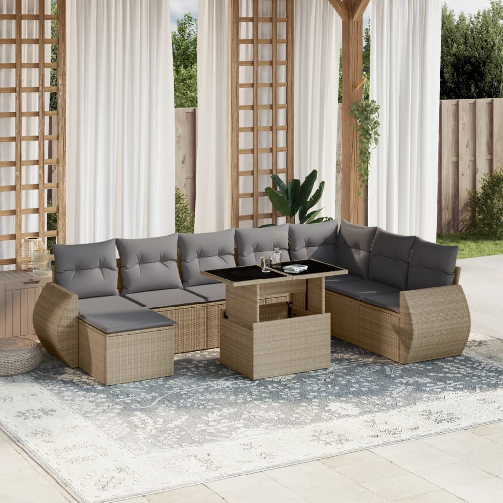 Set Divano da Giardino 9 pz con Cuscini Beige in Polyrattan - homemem39