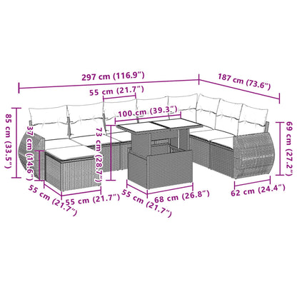 Set Divano da Giardino 9 pz con Cuscini Grigio in Polyrattan