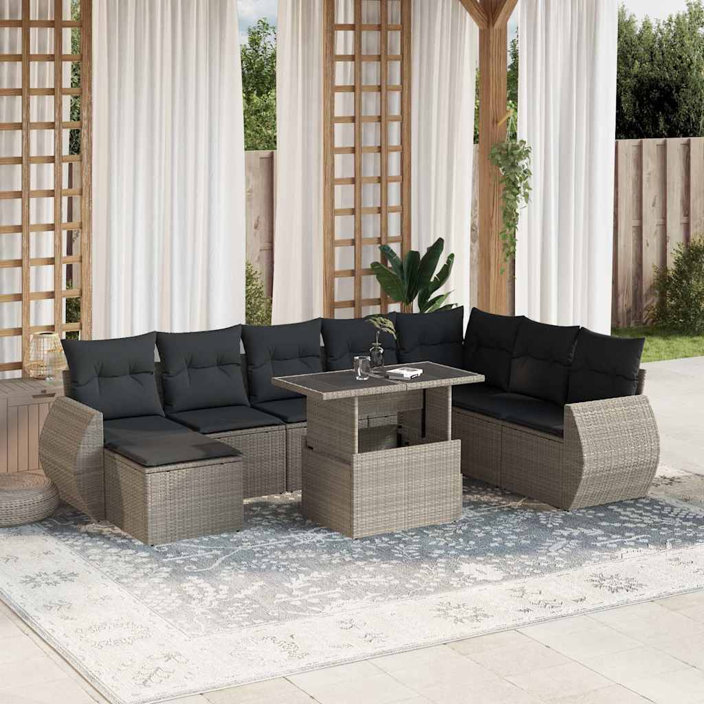 Set Divano da Giardino 9pz con Cuscini Grigio Chiaro Polyrattan | homemem39