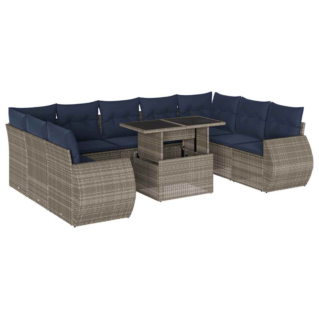 Set Divani da Giardino 10 pz con Cuscini Grigio in Polyrattan | homemem39