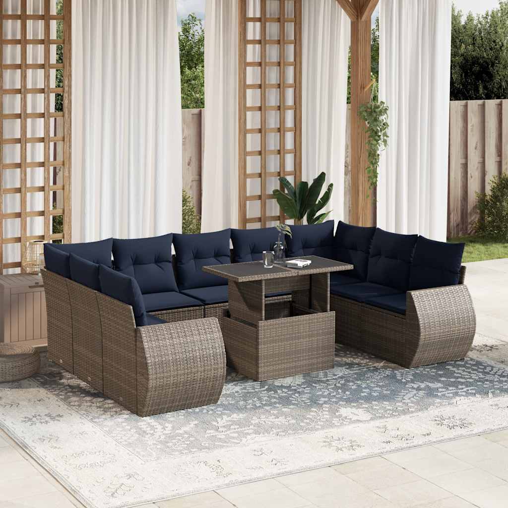 Set Divani da Giardino 10 pz con Cuscini Grigio in Polyrattan | homemem39