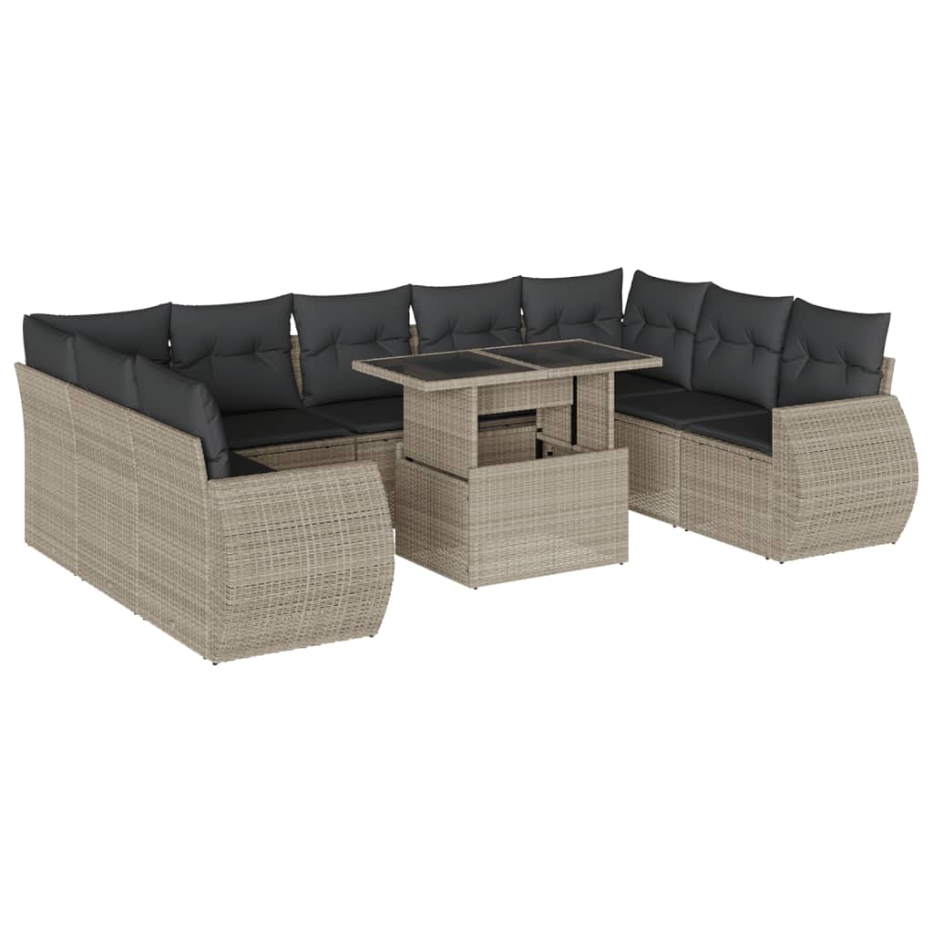 Set Divano Giardino 10 pz con Cuscini Grigio Chiaro Polyrattan