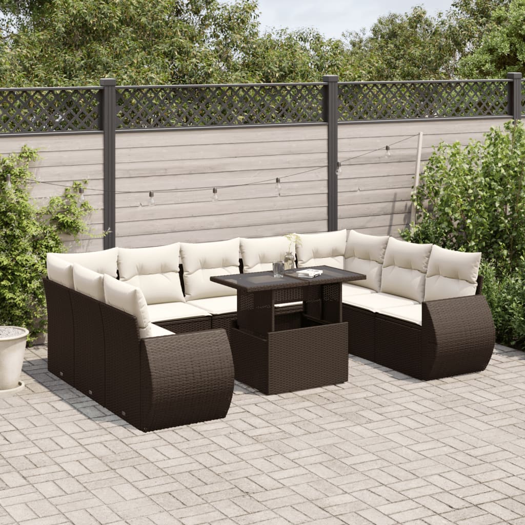 Set Divani da Giardino 10pz con Cuscini in Polyrattan Marrone - homemem39
