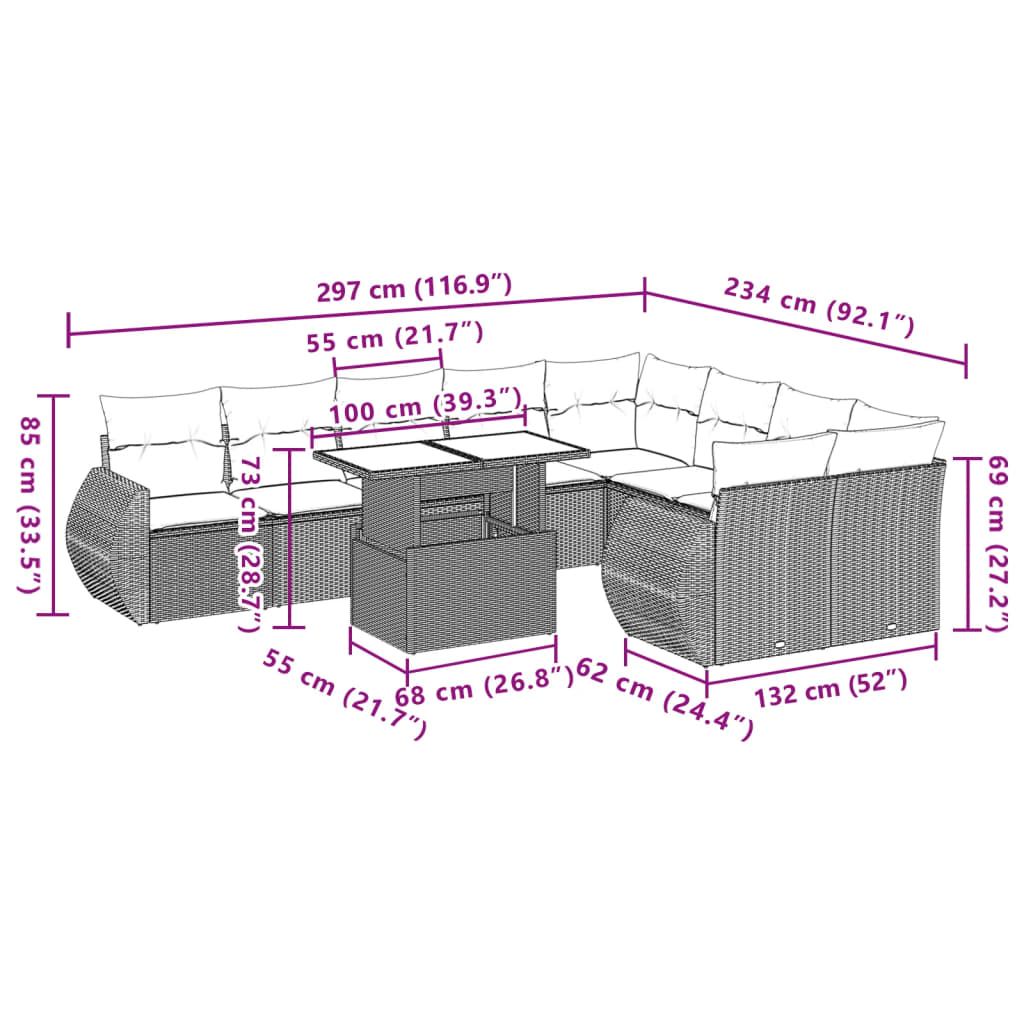 Set Divani da Giardino 10pz con Cuscini in Polyrattan Nero | homemem39