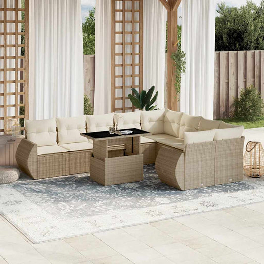 Set Divano da Giardino 10 pz con Cuscini Beige in Polyrattan - homemem39