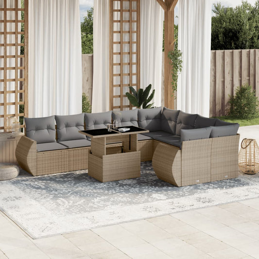 Set Divano da Giardino 10 pz con Cuscini Beige in Polyrattan - homemem39