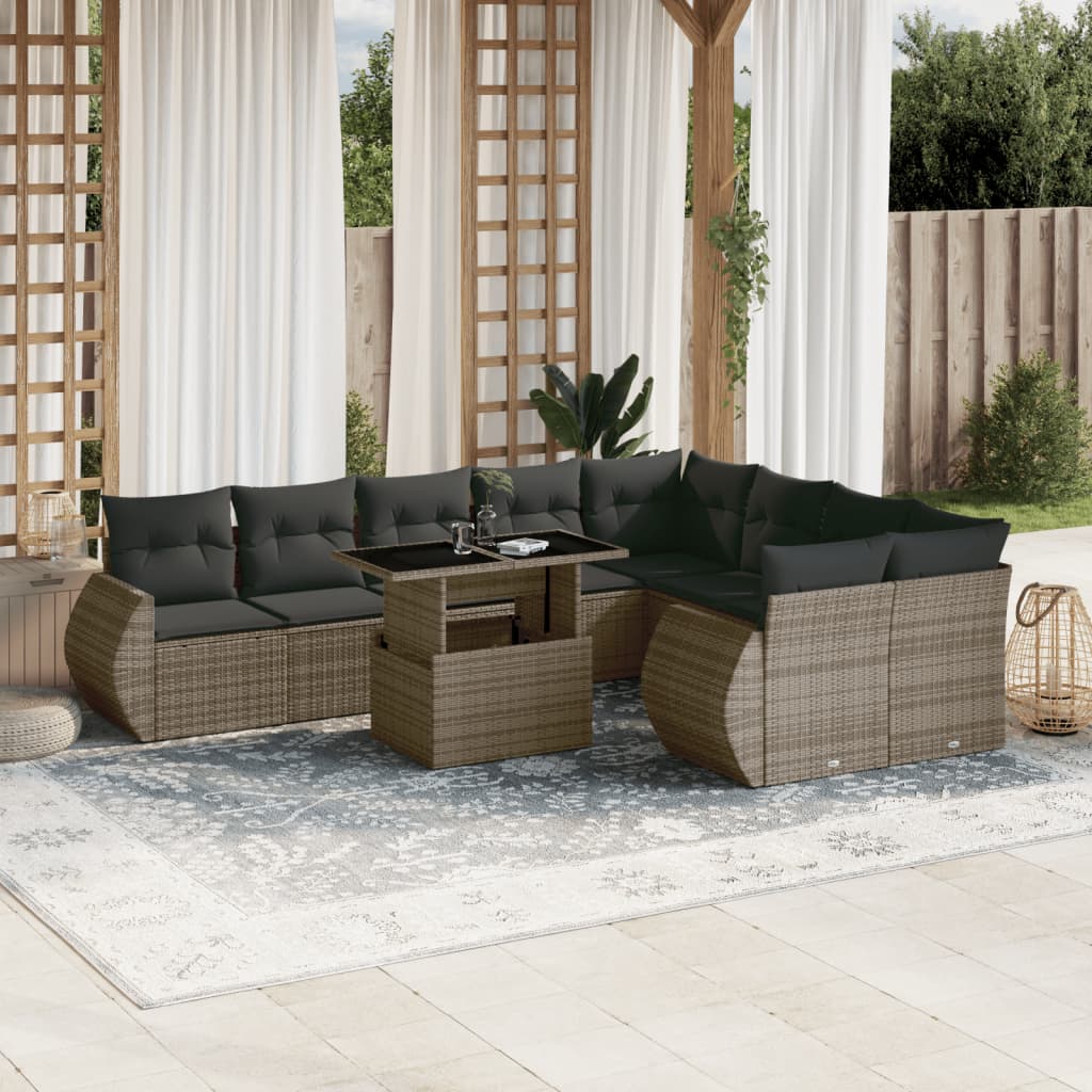 Set Divano da Giardino 10 pz con Cuscini Grigio in Polyrattan - homemem39