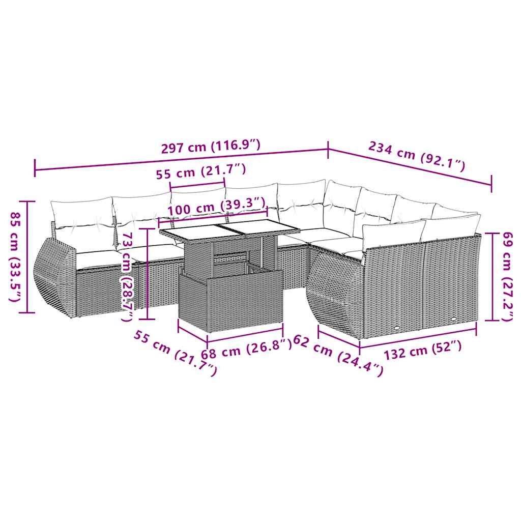 Set Divani da Giardino 10 pz con Cuscini Grigio in Polyrattan | homemem39