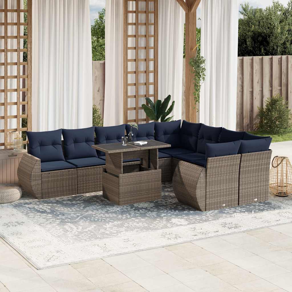 Set Divani da Giardino 10 pz con Cuscini Grigio in Polyrattan | homemem39