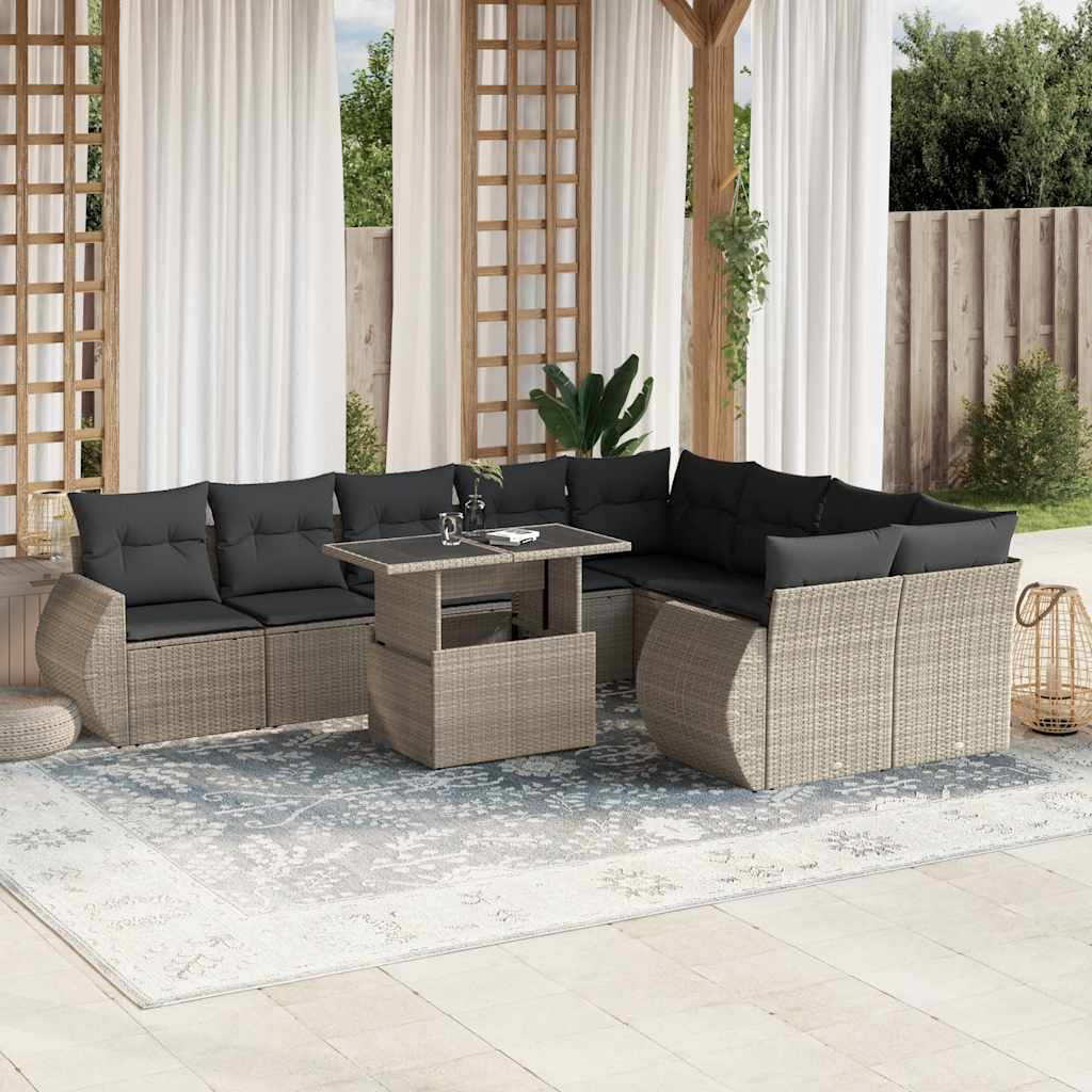 Set Divano Giardino 10 pz con Cuscini Grigio Chiaro Polyrattan - homemem39