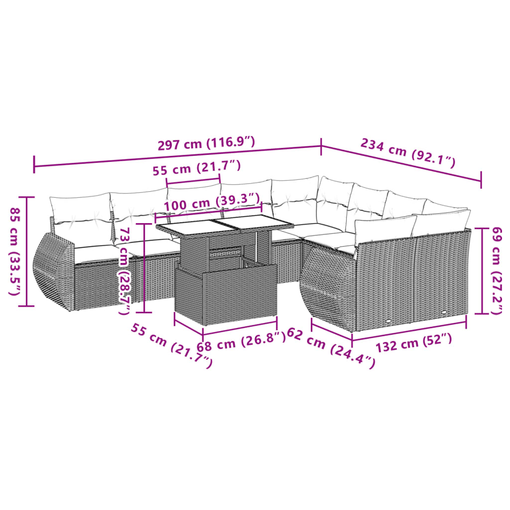 Set Divani da Giardino 10pz con Cuscini in Polyrattan Marrone | homemem39