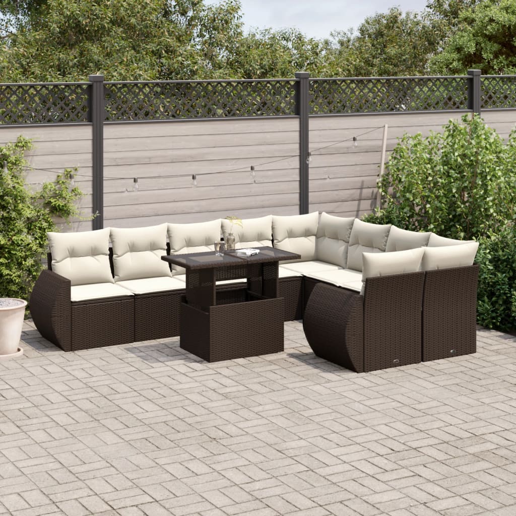 Set Divani da Giardino 10pz con Cuscini in Polyrattan Marrone - homemem39