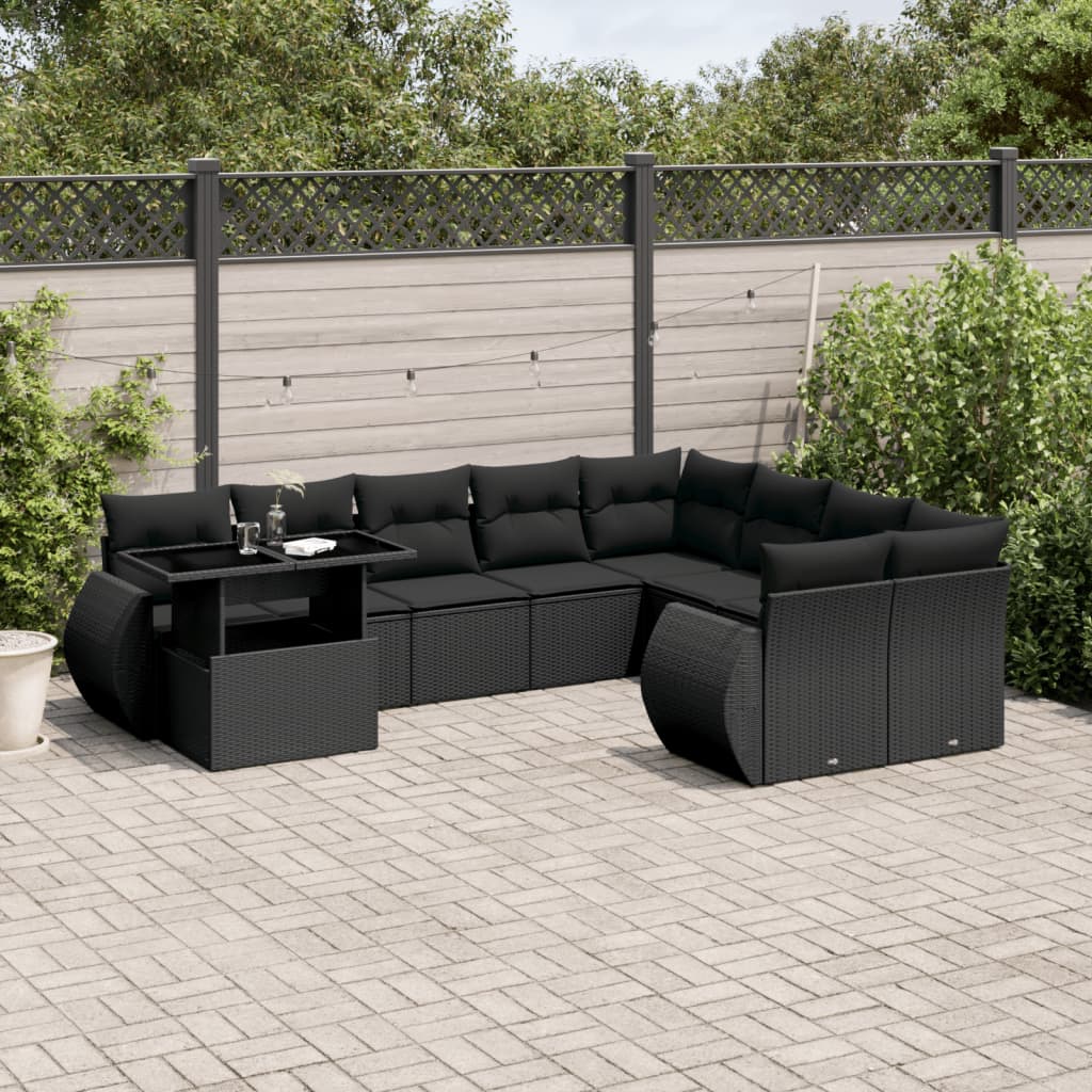 Set Divani da Giardino 10pz con Cuscini in Polyrattan Nero