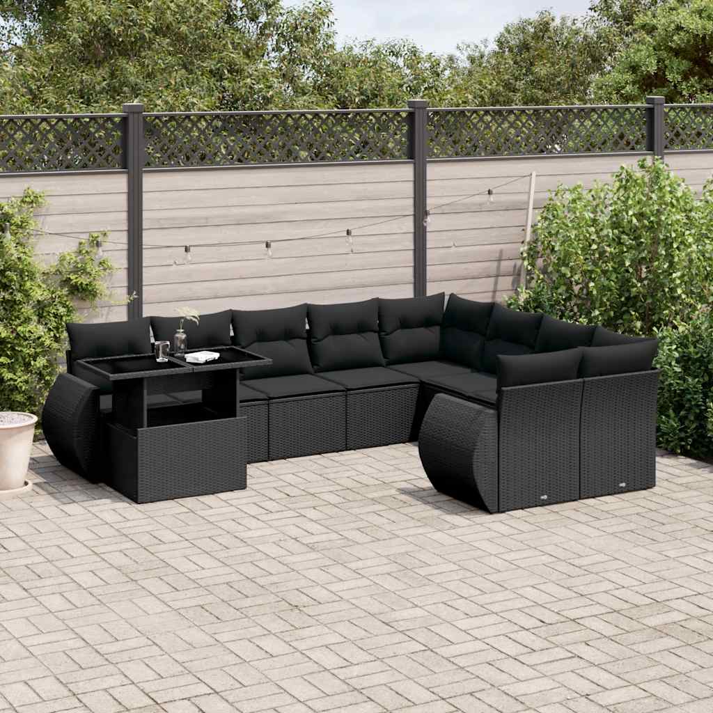 Set Divani da Giardino 10pz con Cuscini in Polyrattan Nero - homemem39