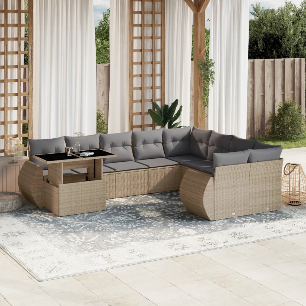 Set Divano da Giardino 10 pz con Cuscini Beige in Polyrattan - homemem39