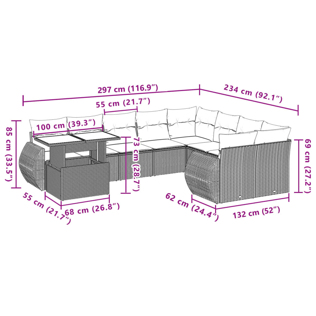 10-teiliges Gartensofa-Set mit hellgrauen Polyrattan-Kissen