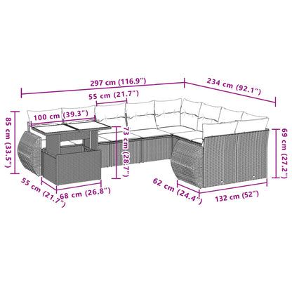 10-teiliges Gartensofa-Set mit hellgrauen Polyrattan-Kissen