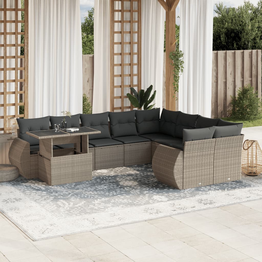 Set Divano Giardino 10 pz con Cuscini Grigio Chiaro Polyrattan