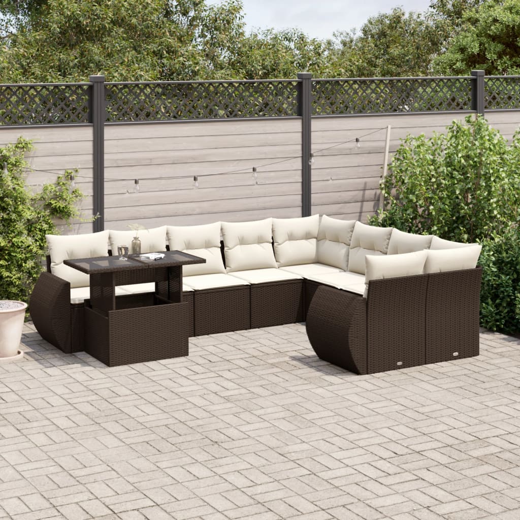 Set Divani da Giardino 10pz con Cuscini in Polyrattan Marrone | homemem39
