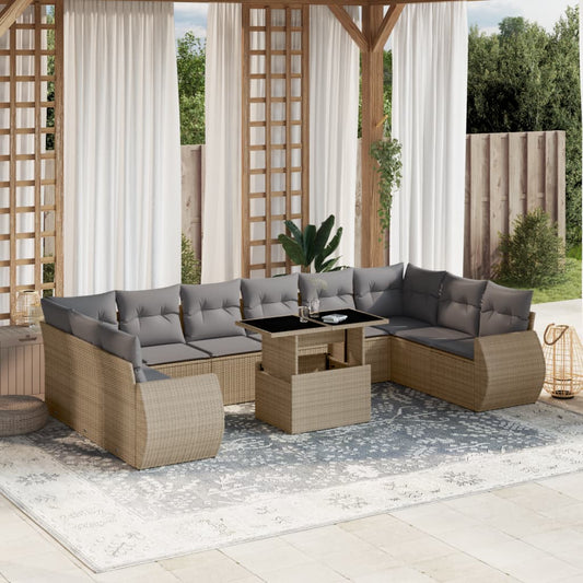 Set Divani da Giardino 11 pz con Cuscini Beige in Polyrattan - homemem39