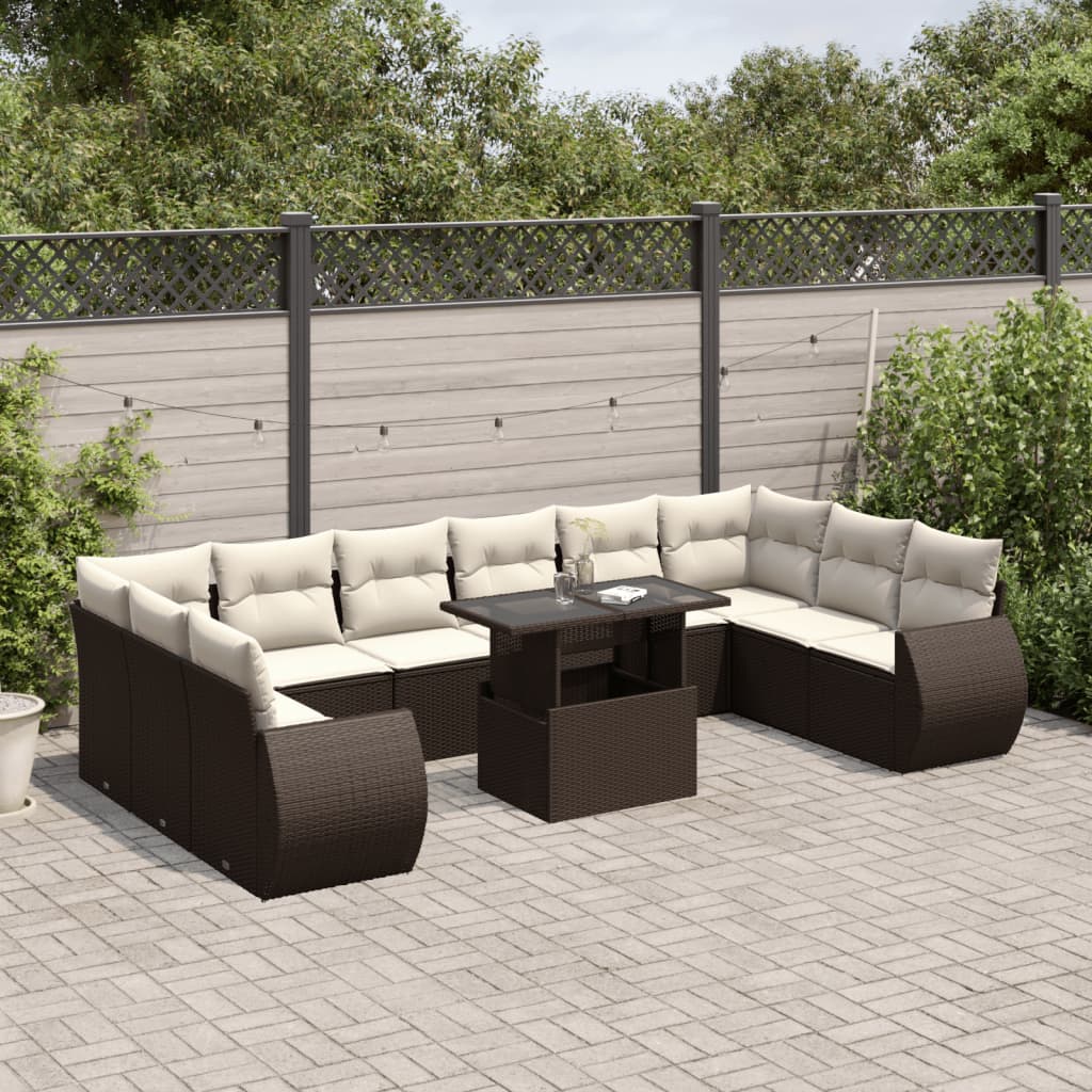 Set Divani da Giardino 11 pz con Cuscini Polyrattan Marrone | homemem39