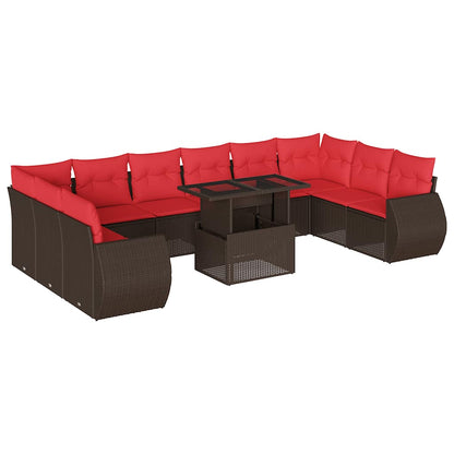 Set Divani da Giardino 11 pz con Cuscini Marrone in Polyrattan