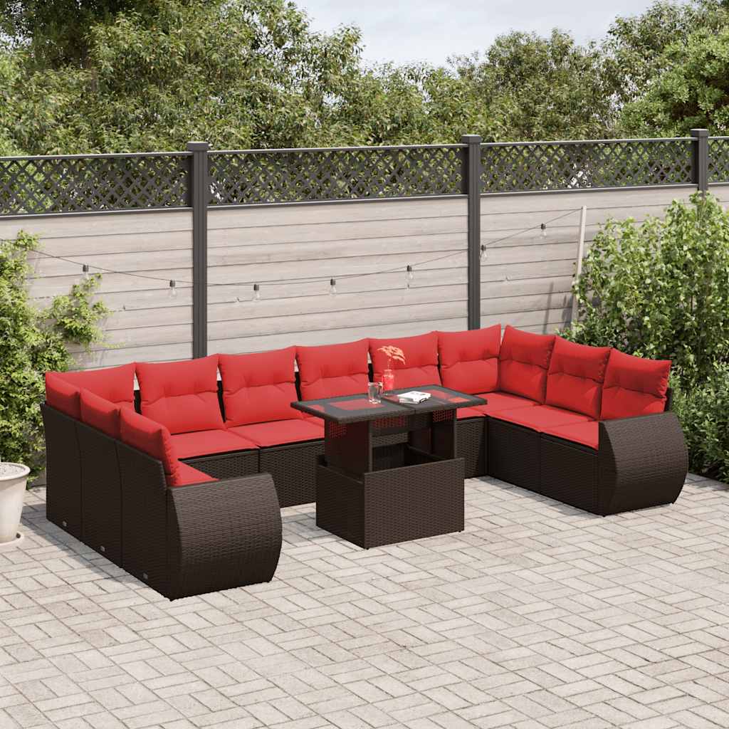 Set Divani da Giardino 11 pz con Cuscini Marrone in Polyrattan