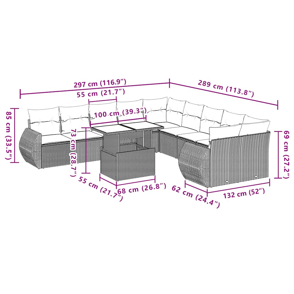 Set Divani da Giardino 11 pz con Cuscini Grigio in Polyrattan | homemem39