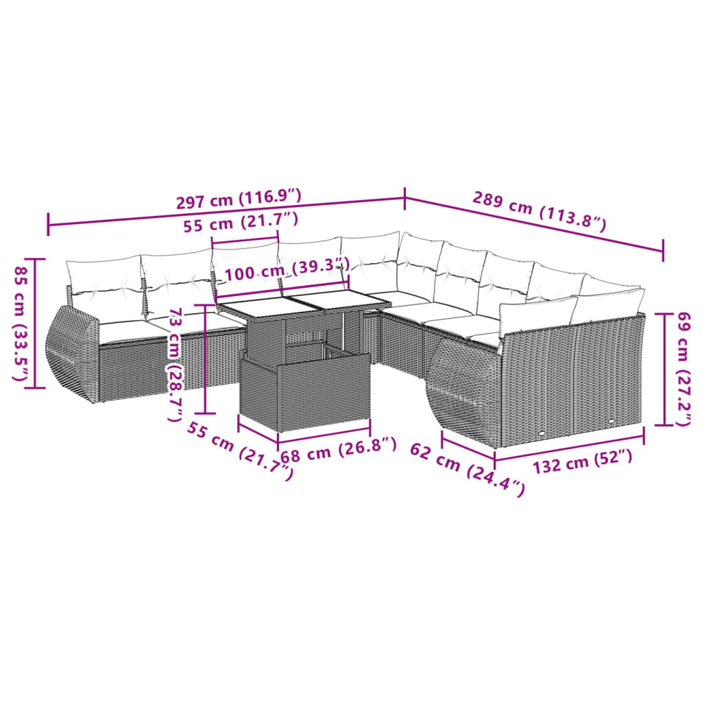 Set Divani da Giardino 11 pz con Cuscini in Polyrattan Grigio