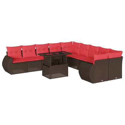 Set Divani da Giardino 11 pz con Cuscini Marrone in Polyrattan