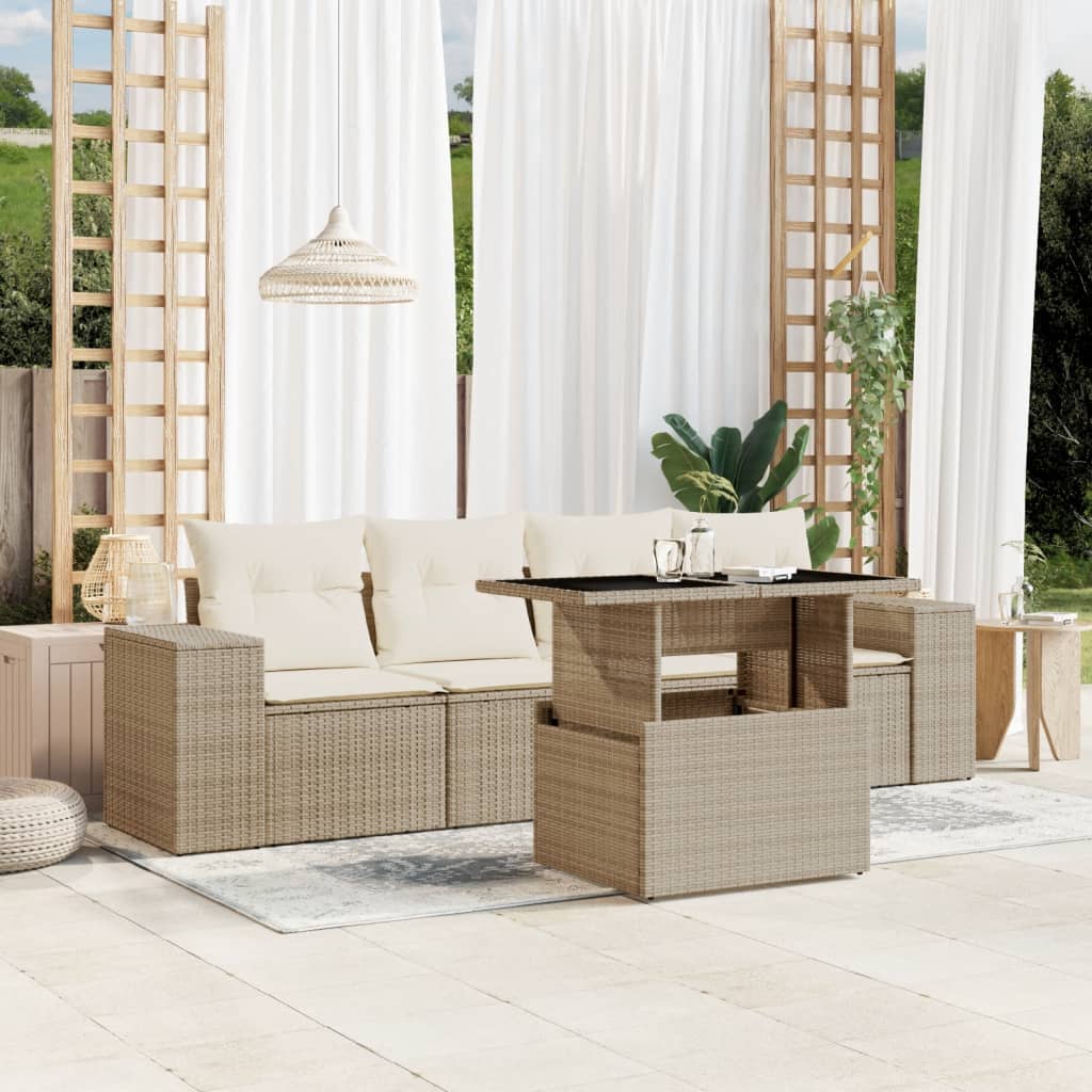Set Divano da Giardino 5 pz con Cuscini Beige in Polyrattan - homemem39
