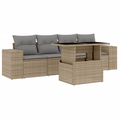 Set Divano da Giardino 5 pz con Cuscini Beige in Polyrattan