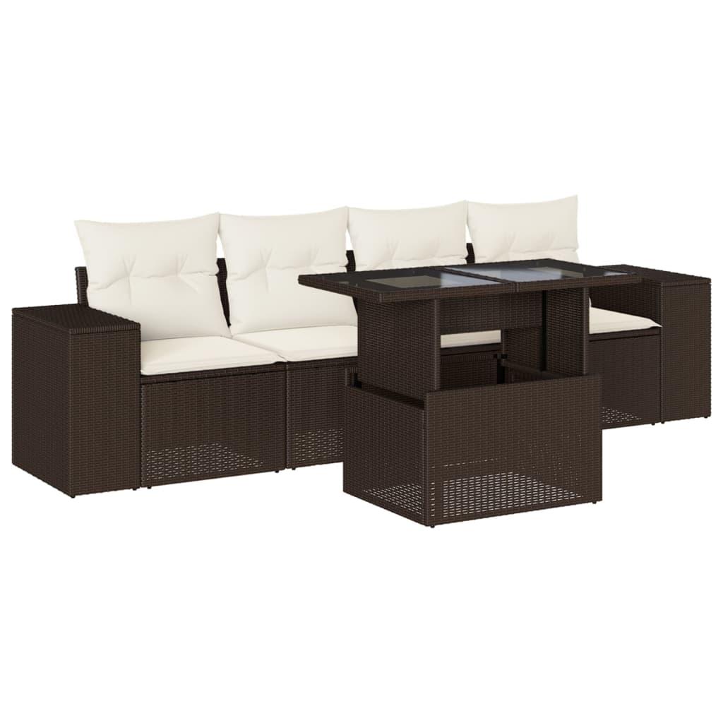 Set Divano da Giardino 5 pz con Cuscini Marrone in Polyrattan - homemem39