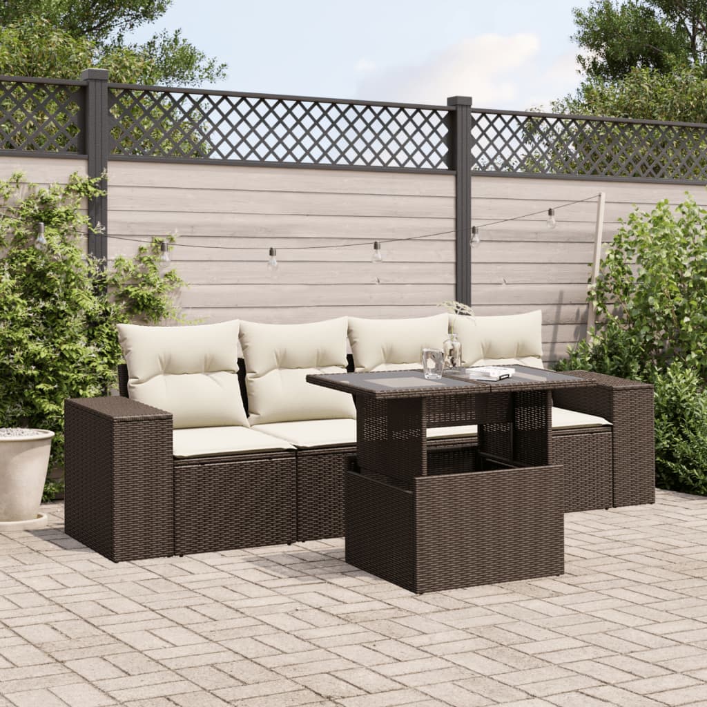 Set Divano da Giardino 5 pz con Cuscini Marrone in Polyrattan | homemem39