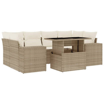 Set Divani da Giardino 7 pz con Cuscini Beige in Polyrattan