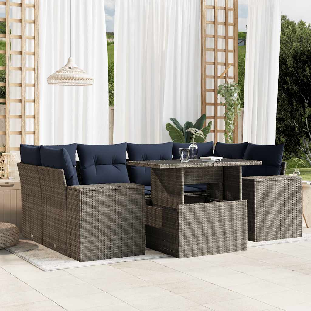 Set Divani da Giardino 7 pz con Cuscini Grigio in Polyrattan | homemem39