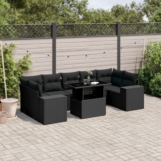 Set Divani da Giardino con Cuscini 8 pz Nero in Polyrattan