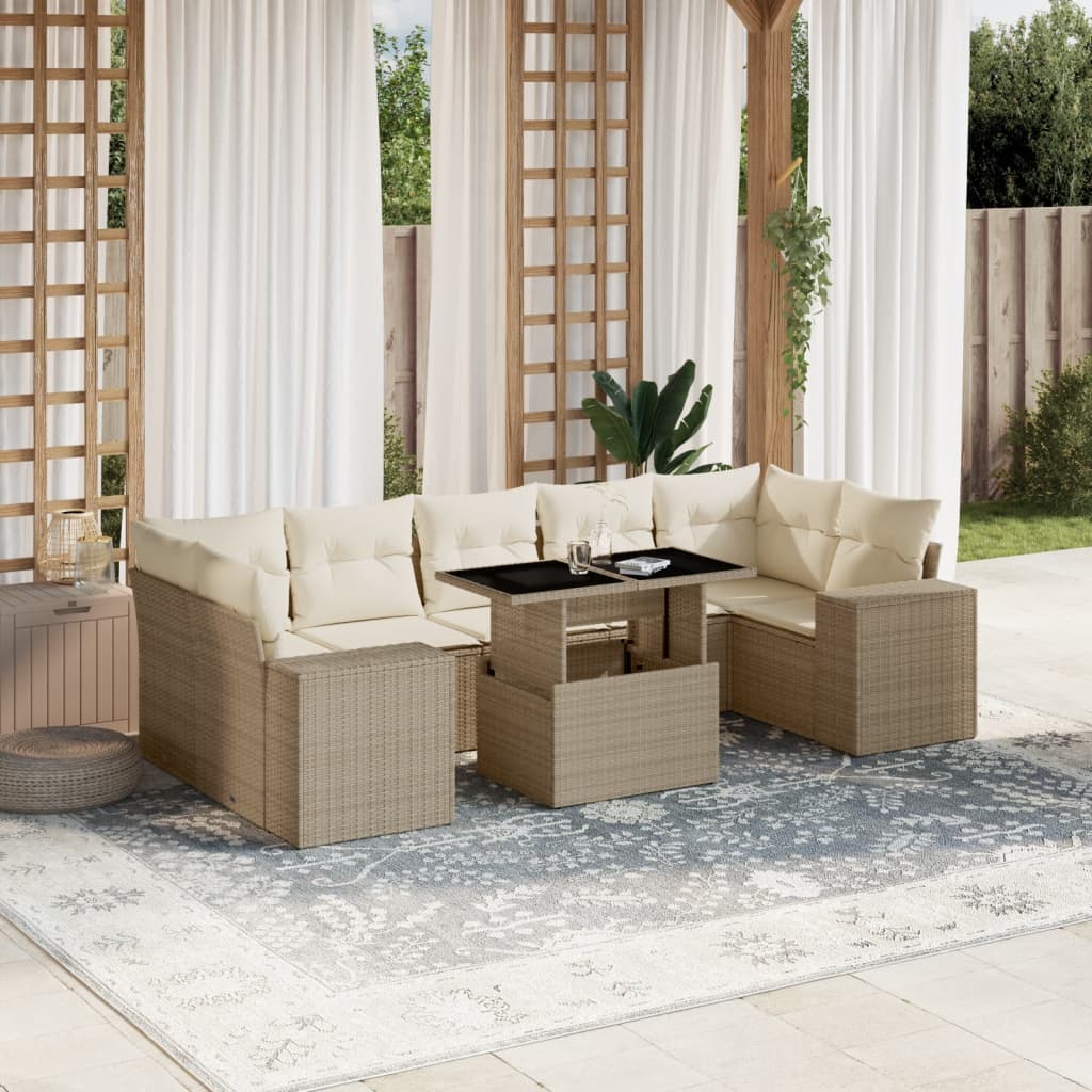 Set Divano da Giardino 8 pz con Cuscini Beige in Polyrattan